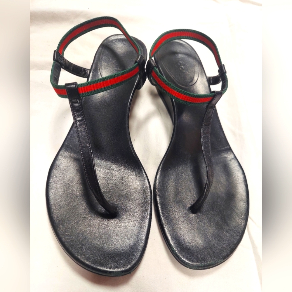 GUCCI Black web wedge sandals